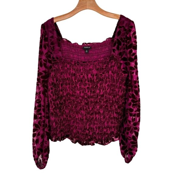 Torrid Womens Size 2x Velvet Smocked Blouson Sleeve Crop Top Burgundy plus - Picture 2 of 14